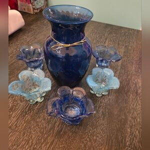 Blown glass tea light holders and glass center vase